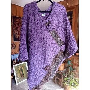 Aurelia's Designs Carmel by the Sea hand knit wool poncho purple crochet flowers